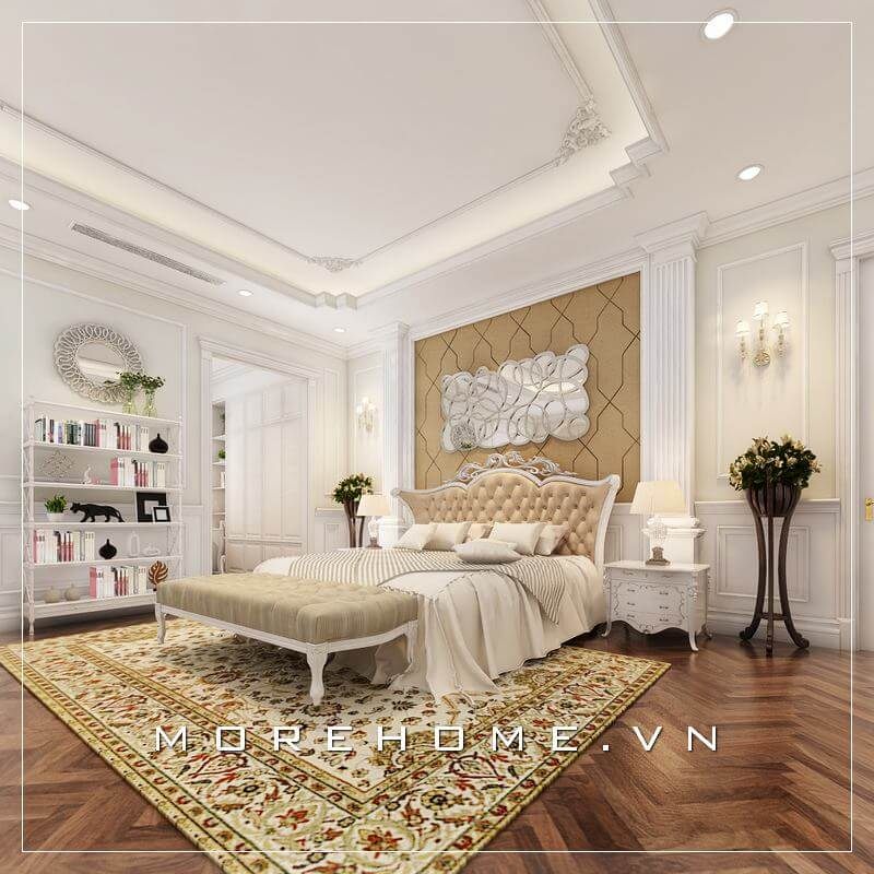 Mẫu giường ngủ biệt thự cao cấp phong cách tân cổ điển đầy ấn tượng, đầu giường bọc da cách điệu tạo điểm nhấn cuốn hút mọi ánh nhìn